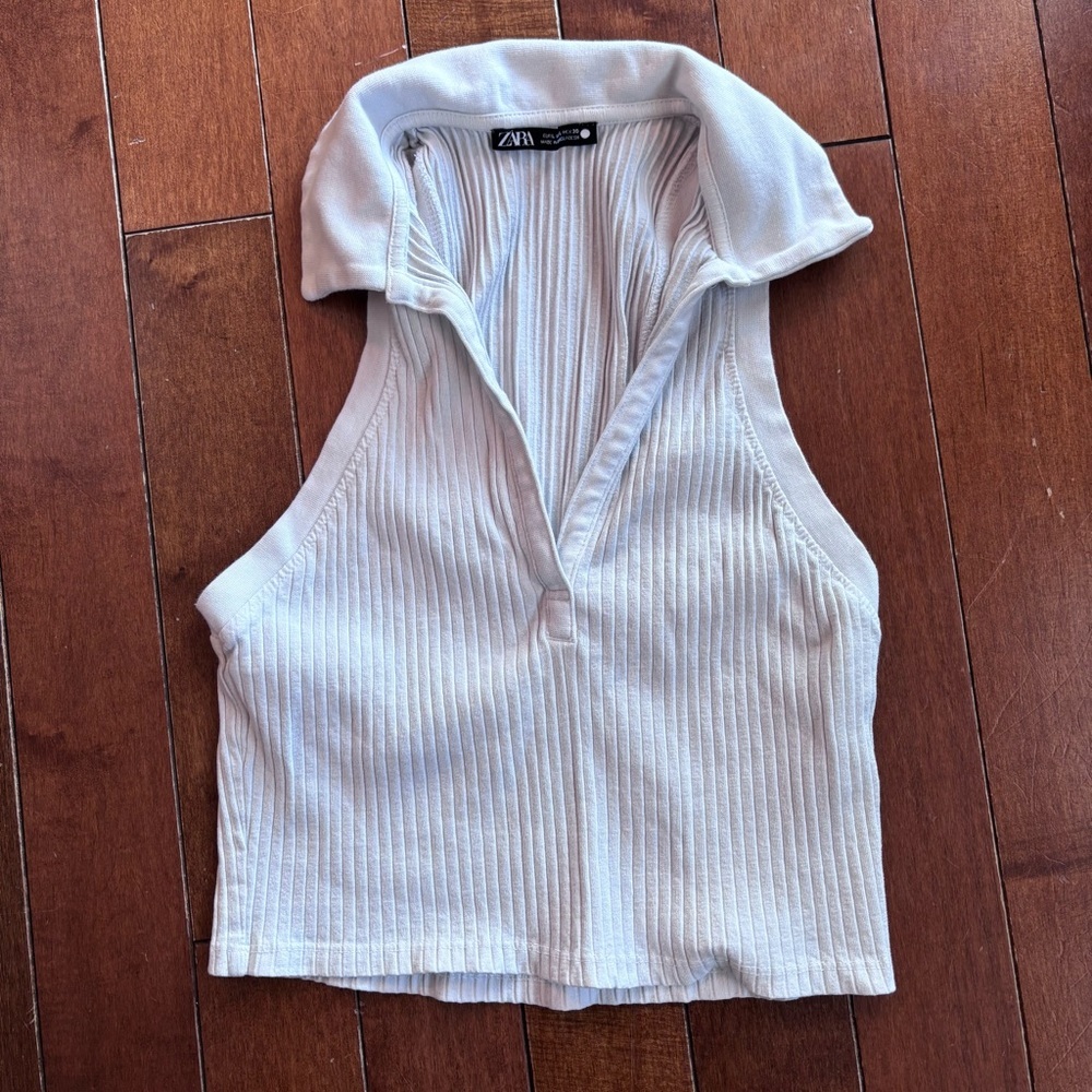 Zara Cream Ribbed Collared Crop Top